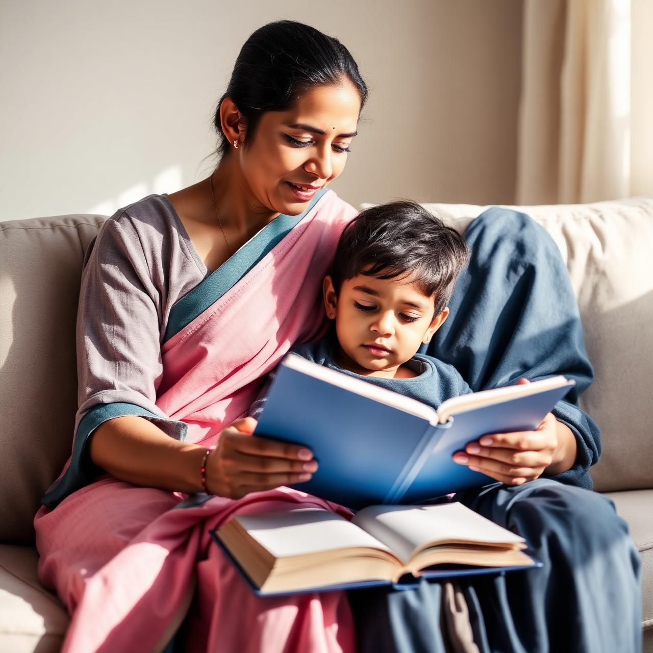 Mother and child reading together